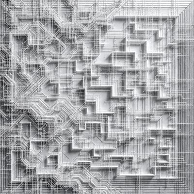 The primary subject of the image is a white, three-dimensional structure made of interconnected wires. The setting is a white background, which provides a clean and minimalist appearance. The visual style is a combination of digital art and illustration, creating a unique and intricate design. The colors and mood of the image are predominantly white, giving it a clean and modern feel.